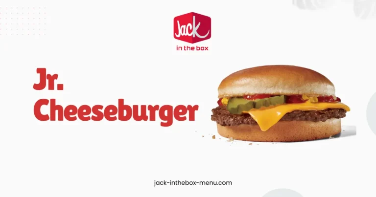 Jr. Cheeseburger with a beef patty, melted cheese, pickles, onions, and ketchup on a soft bun from Jack in the Box.